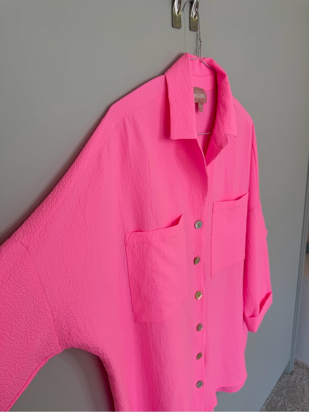 SHOW ME YOUR MUMU Johns Button Down Shirt in Electric Bubble Gum Pink - Picture 5 of 9